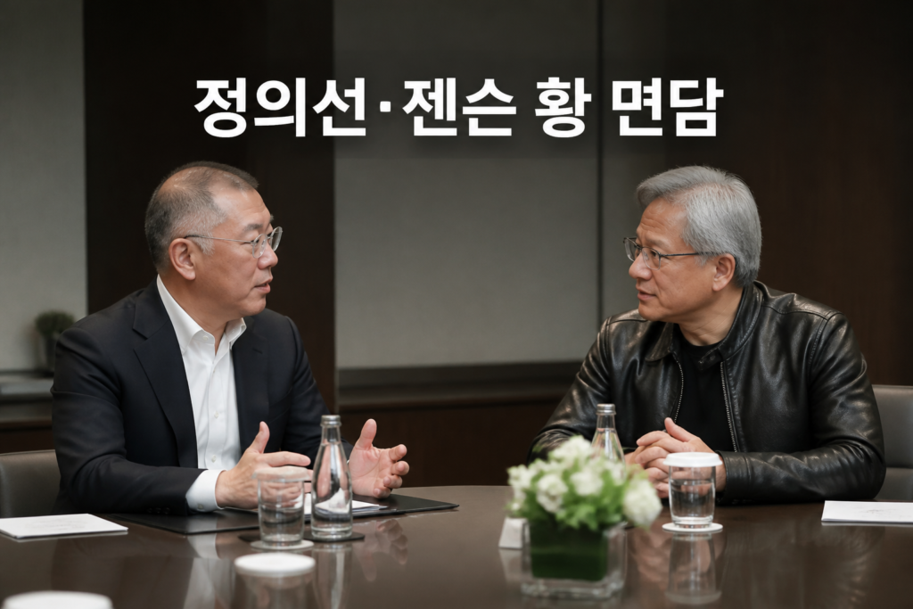 회의 테이블에서 대화하는 두 기업 리더와 '정의선·젠슨 황 면담' 문구
