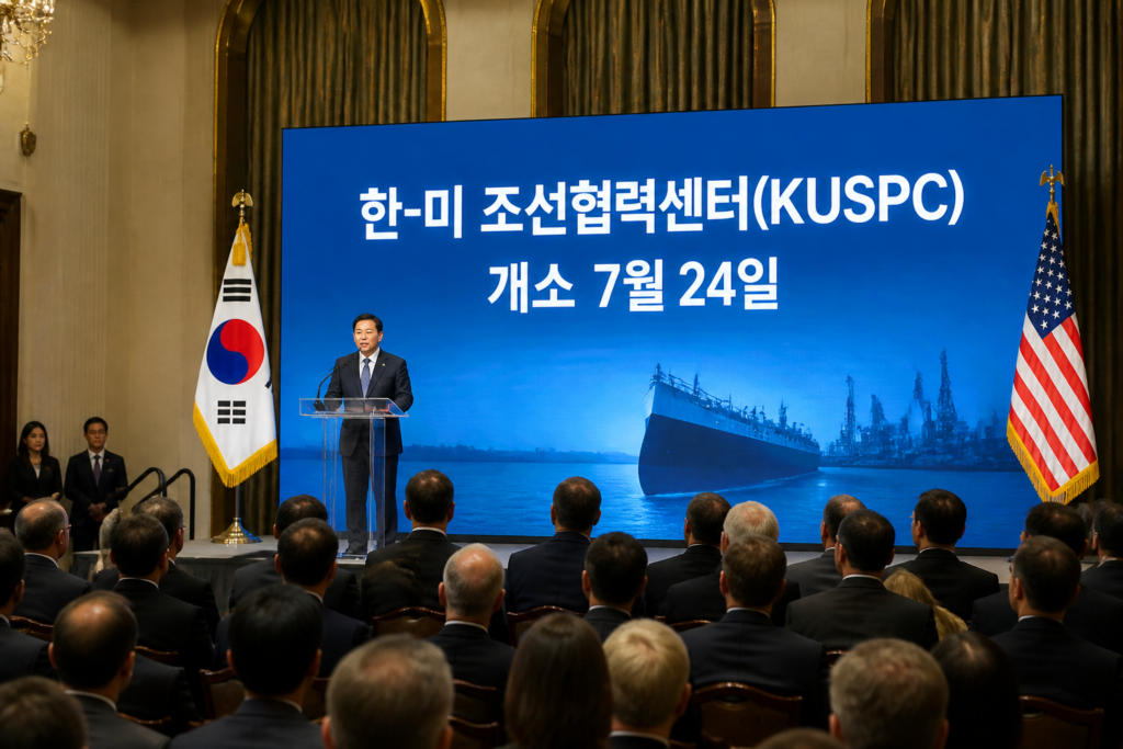 워싱턴 D.C.에서 열린 한-미 조선협력센터(KUSPC) 개소식 장면, 화면에 '한-미 조선협력센터(KUSPC) 개소 7월 24일' 문구가 보임