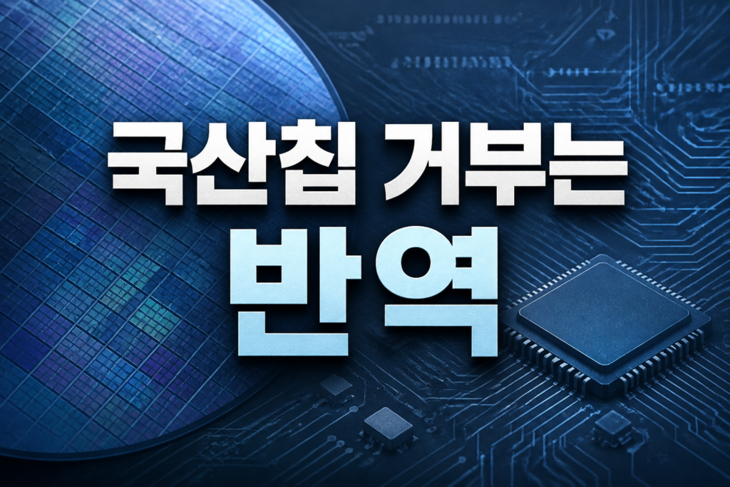 중앙에 '국산칩 거부는 반역' 문구가 있는 반도체 일러스트