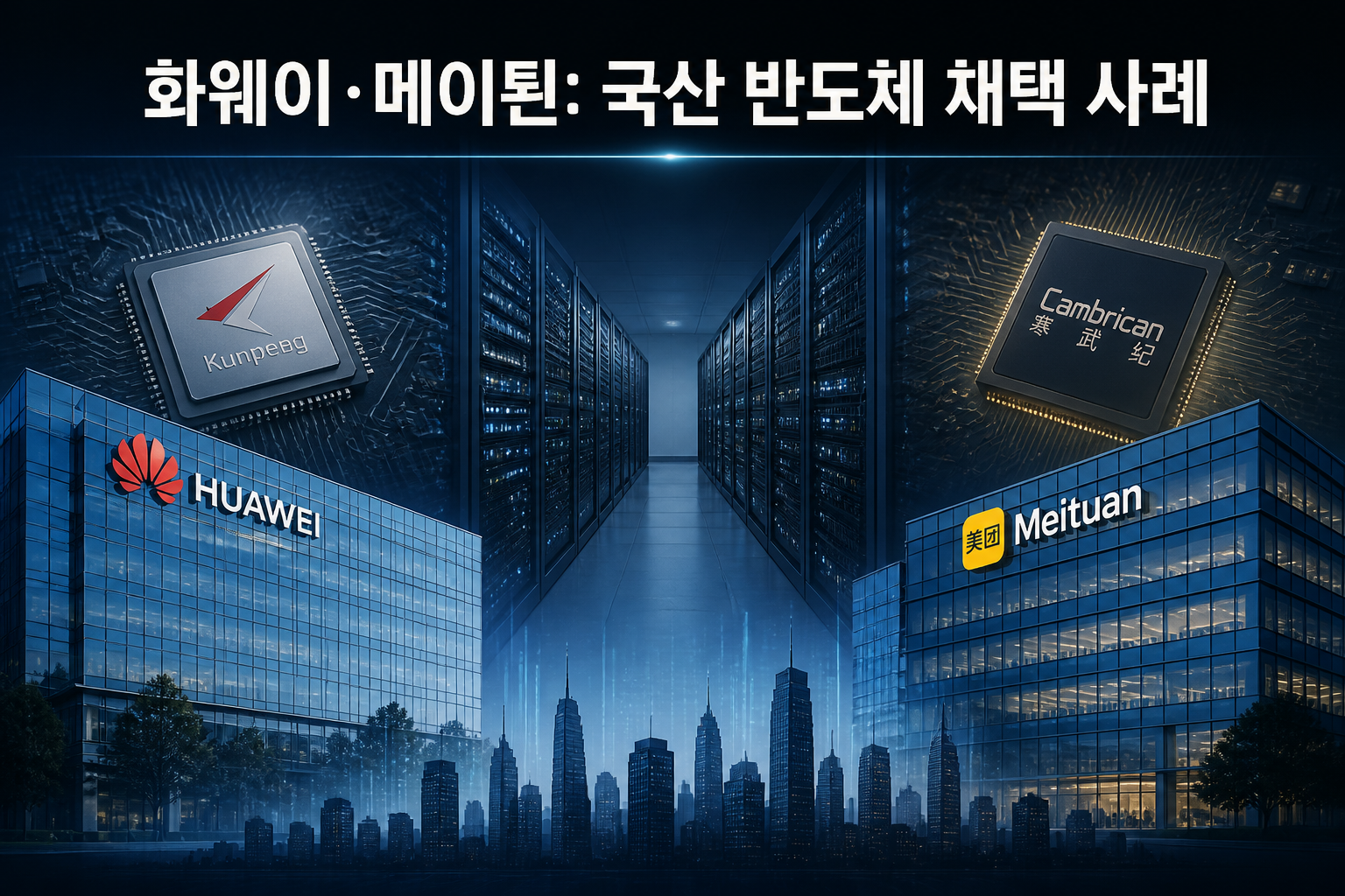 화웨이·메이퇀 국산 반도체 채택 사례를 상징하는 기업 및 서버 이미지