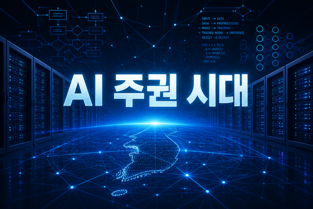AI 주권 시대를 상징하는 서버와 알고리즘 일러스트, 중앙에 한국어 문구 'AI 주권 시대'