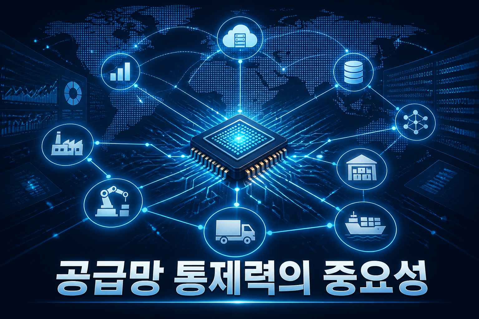 공급망 통제력을 상징하는 칩·데이터·네트워크 연결 이미지, 하단에 '공급망 통제력의 중요성' 문구