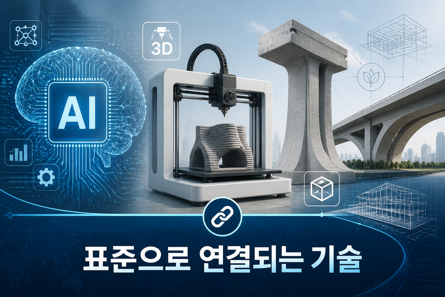 AI·3D 프린팅·자가치유 콘크리트를 상징하는 기술 아이콘 이미지