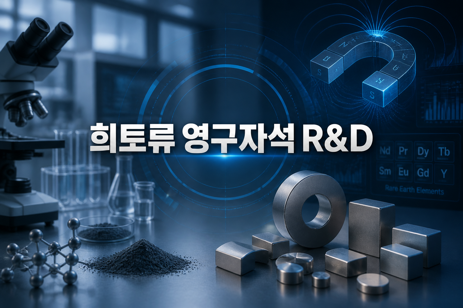 희토류 영구자석 R&D를 상징하는 실험실과 자석 이미지
