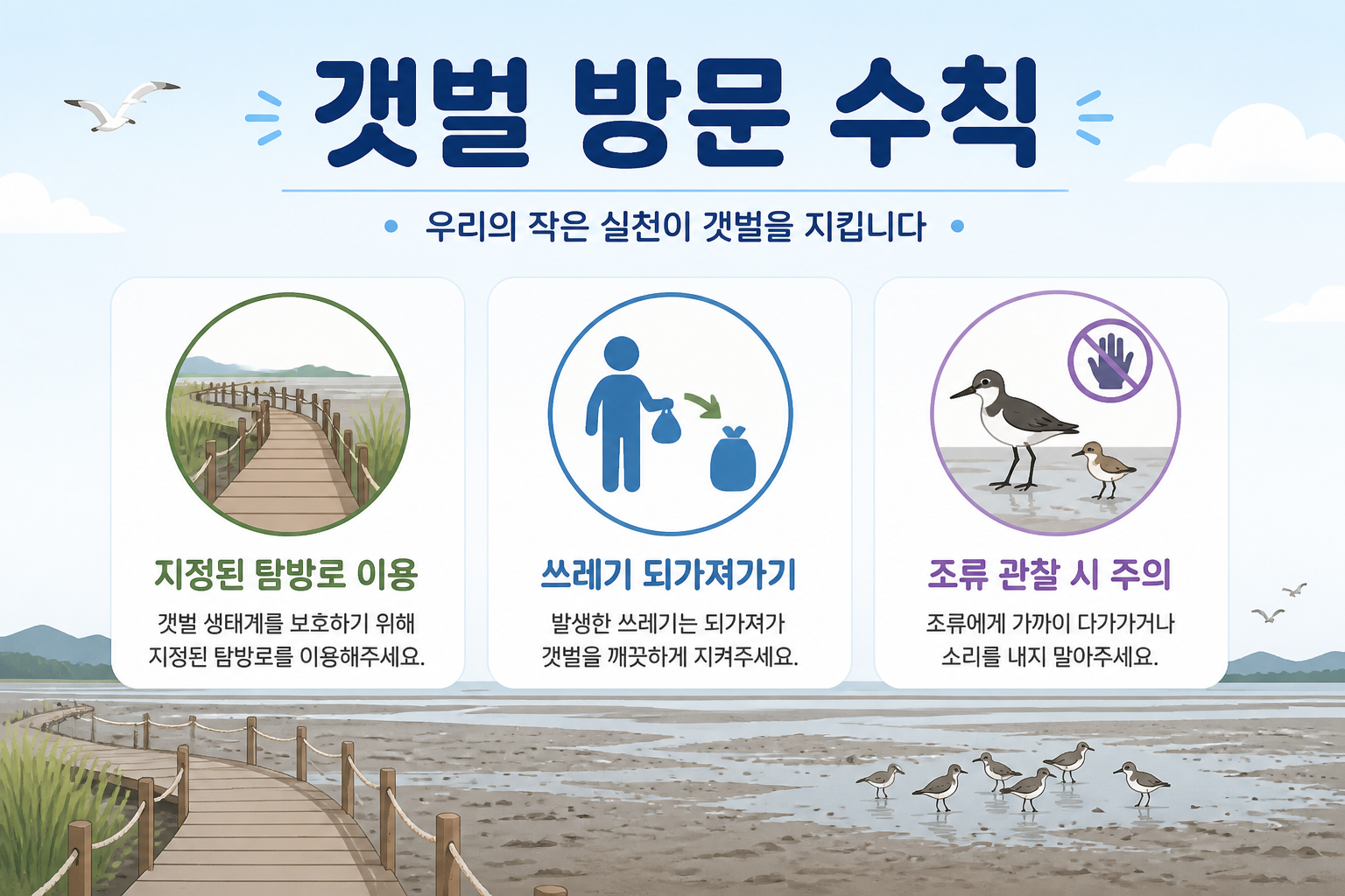 갯벌 방문 수칙을 설명하는 심플 인포그래픽 이미지