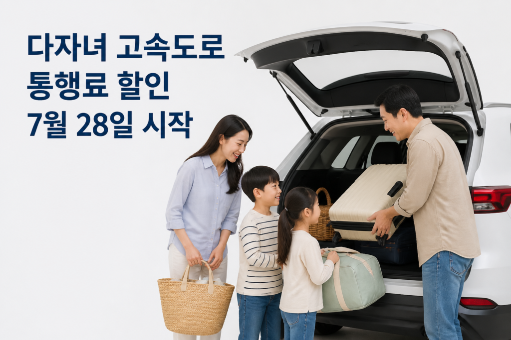 가족이 자동차에 짐을 싣는 사진과 다자녀 통행료 할인 7월 28일 시작 문자