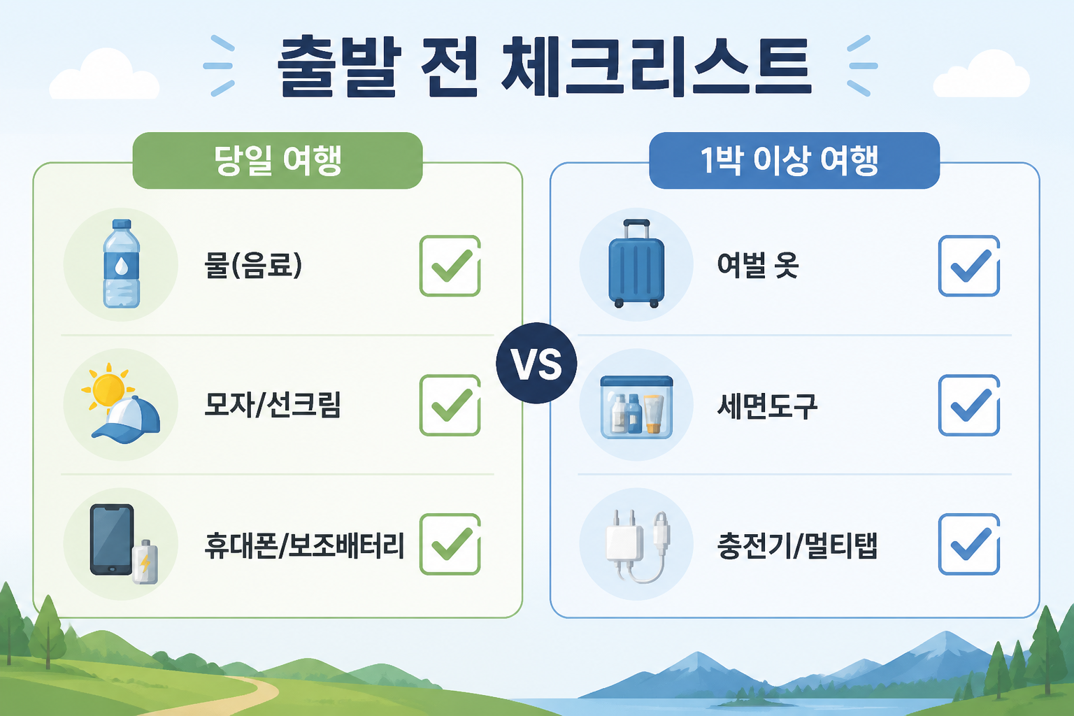 출발 전 체크리스트 3가지를 체크박스로 보여주는 인포그래픽, 출발 전 체크리스트