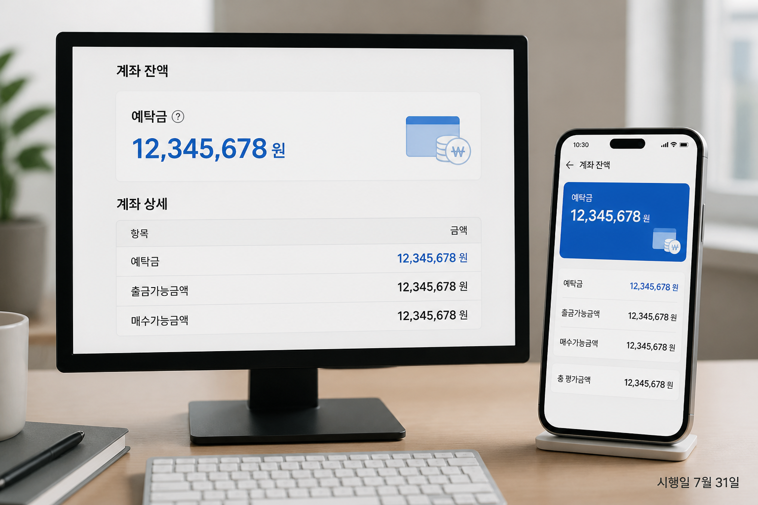 계좌 잔액과 예탁금 표시, 시행일 7월 31일 텍스트가 있는 화면