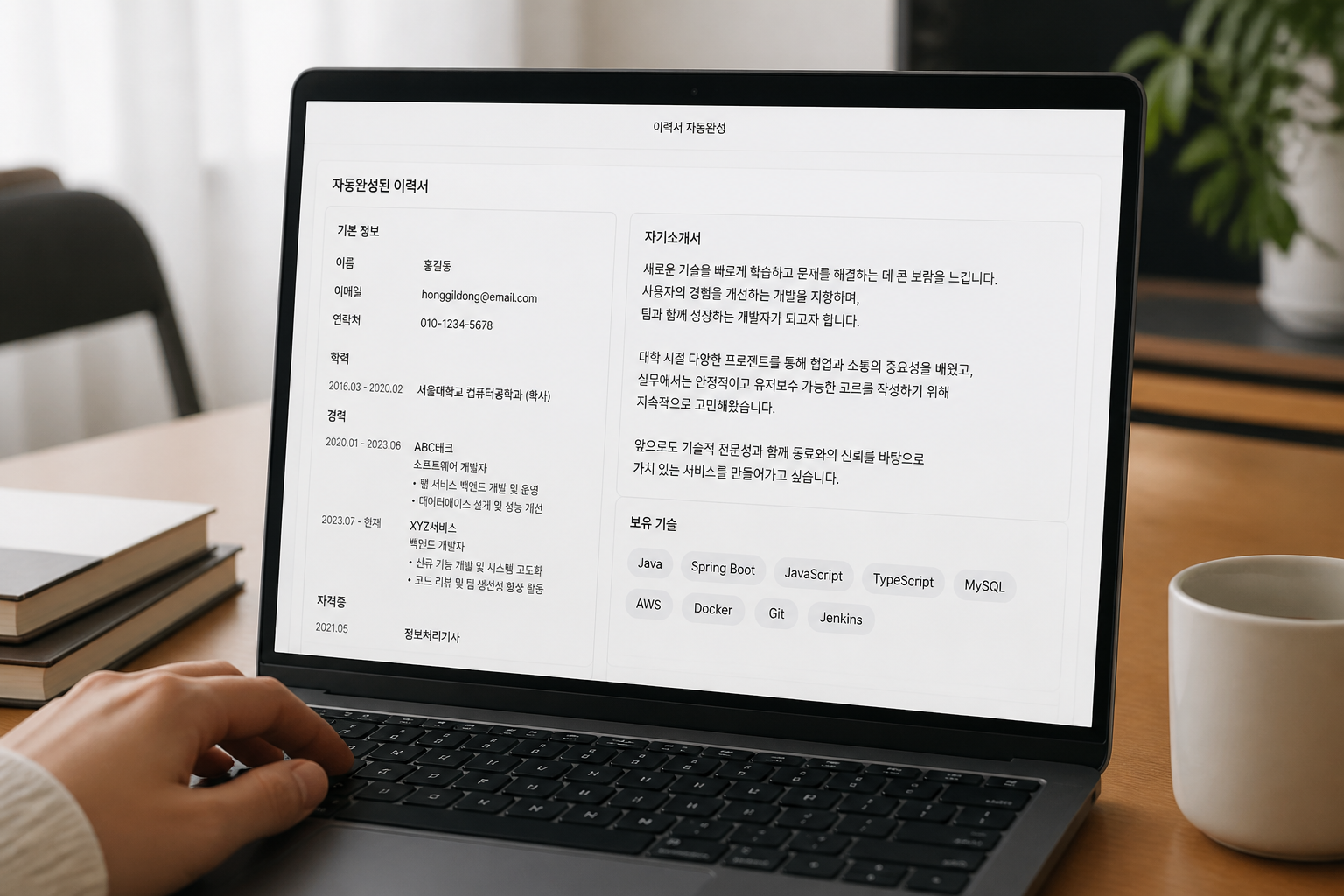 노트북 화면에 이력서 자동완성 예시가 보이는 장면