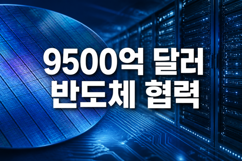 9500억 달러 반도체 협력 문구와 웨이퍼·데이터센터 배경 이미지