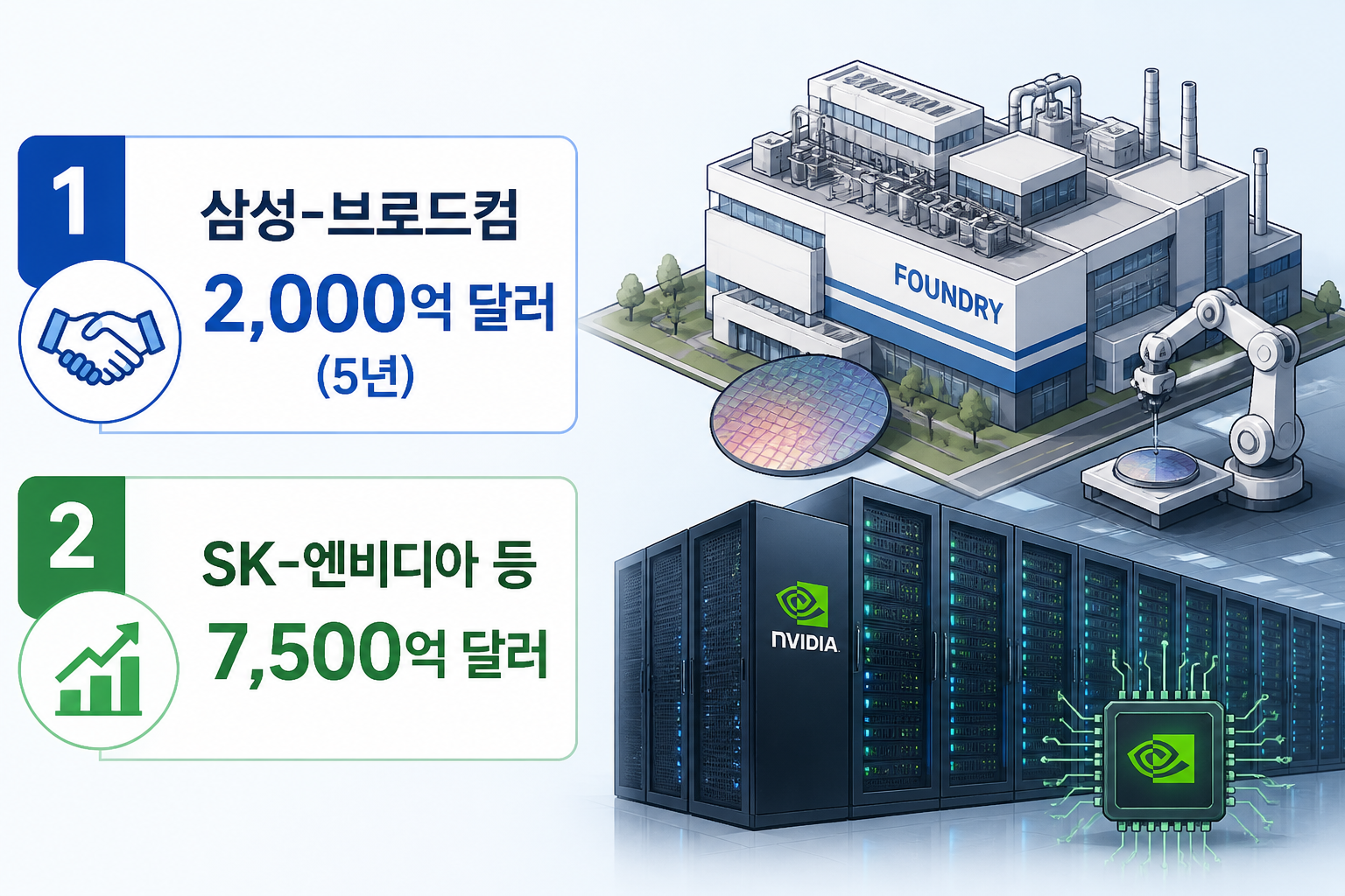 삼성-브로드컴 2,000억 달러 등 주요 금액이 적힌 인포그래픽과 파운드리·서버 일러스트
