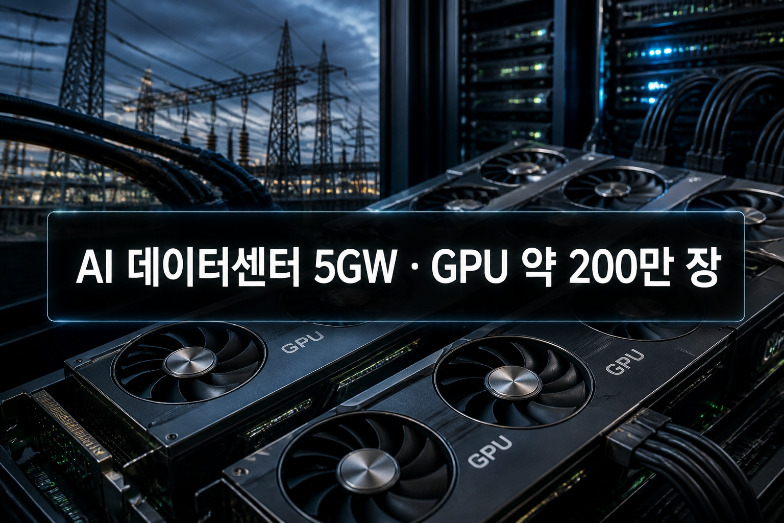 AI 데이터센터 5GW·GPU 200만 장 문구와 전력선, GPU 카드 이미지
