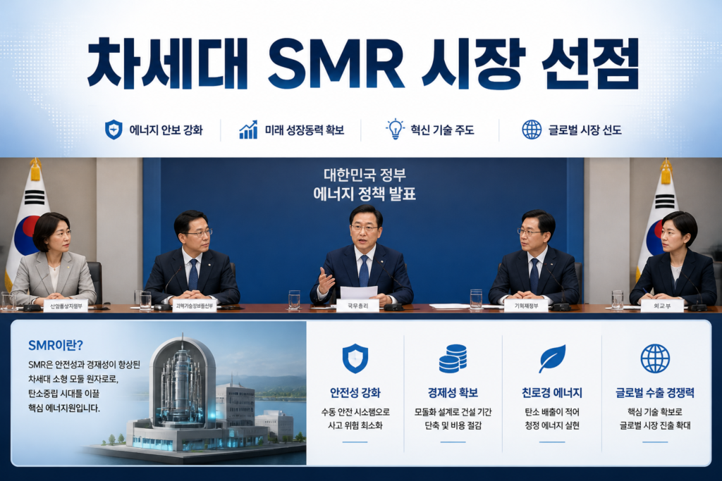정부 발표 배경의 인포그래픽: 차세대 SMR 시장 선점