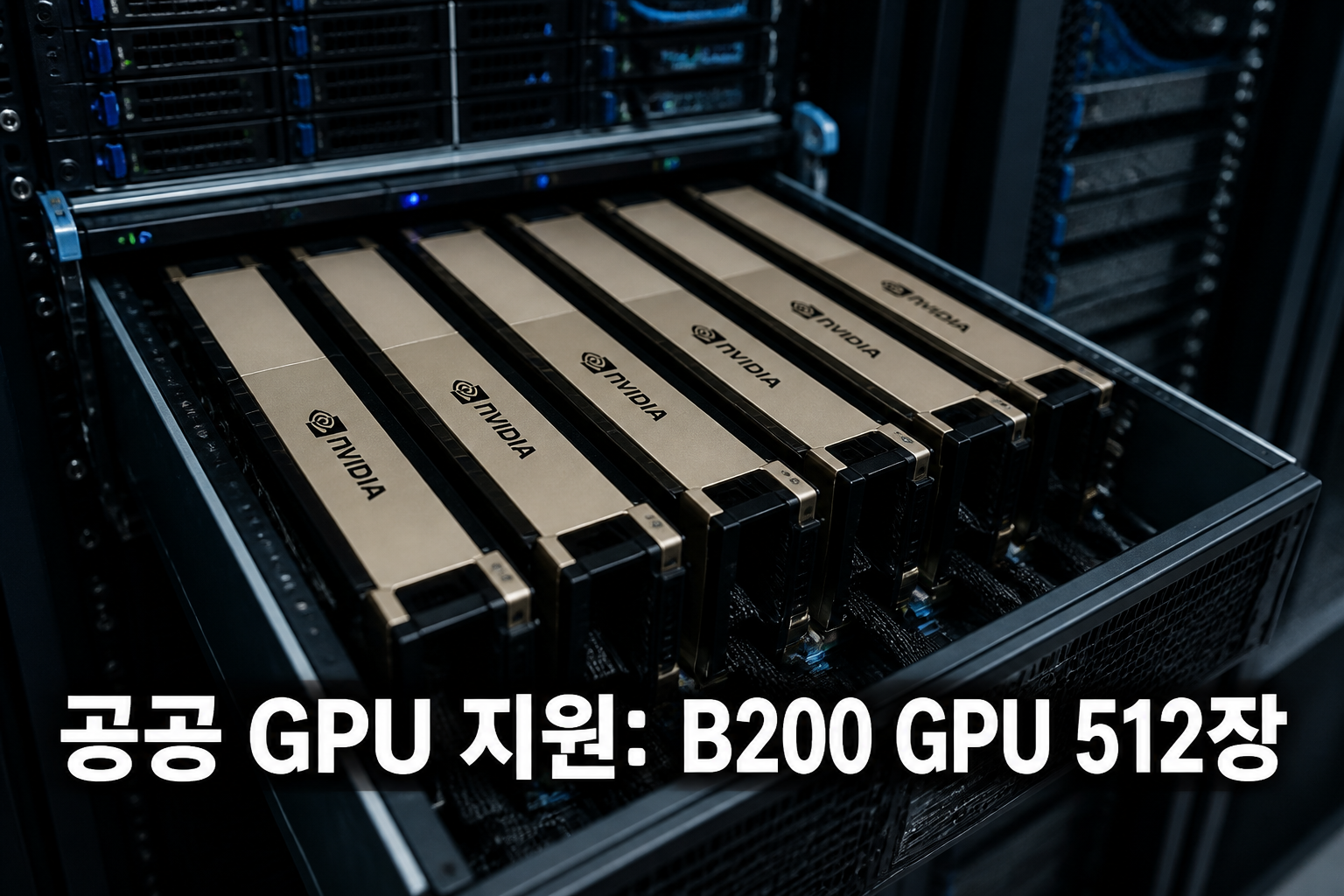 데이터센터 랙과 GPU 클로즈업 이미지: 공공 GPU 지원 B200 GPU 512장