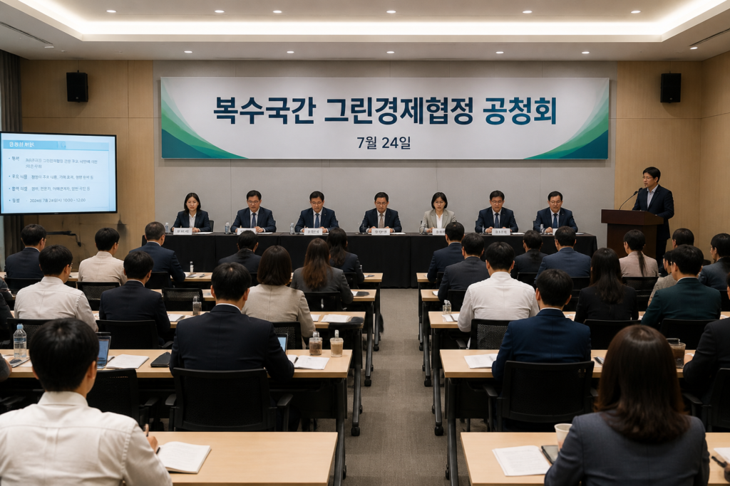 공청회 장면과 한글 문구 복수국간 그린경제협정 공청회 7월 24일