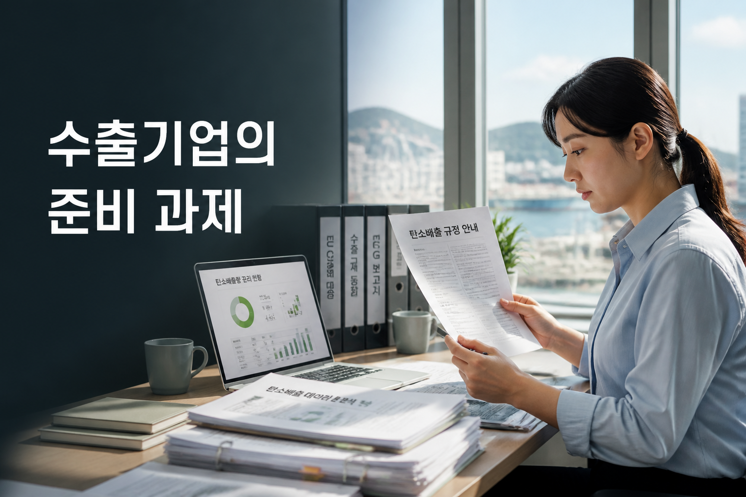 수출기업 실무자가 탄소배출 데이터와 규정 문서를 검토하는 모습