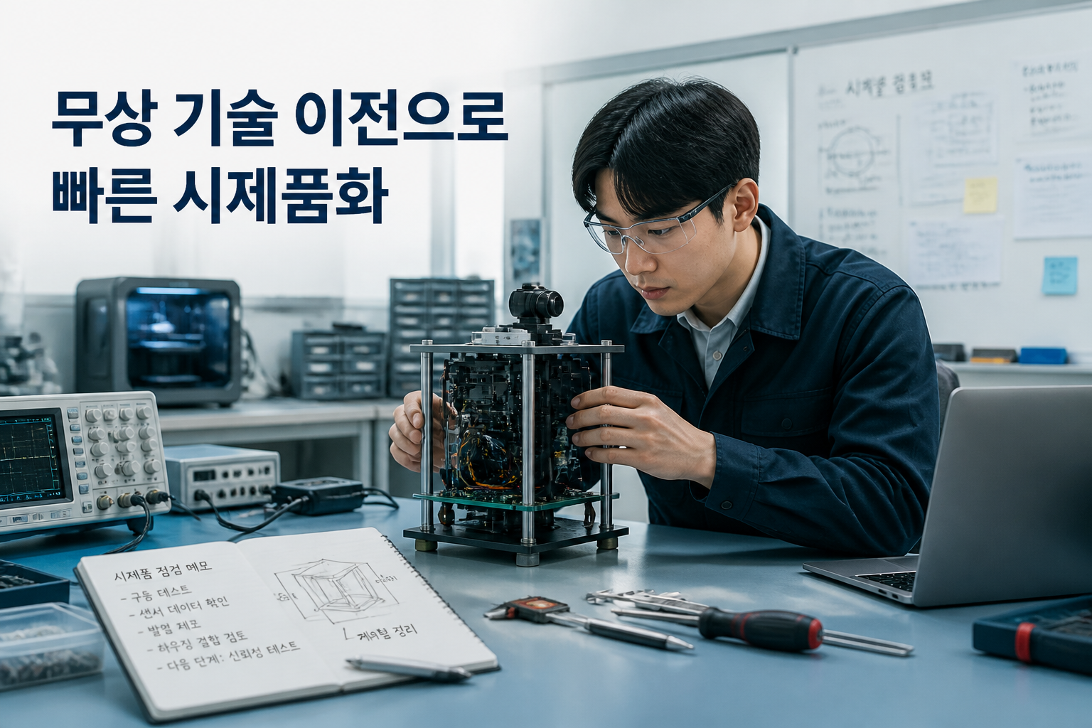 시제품을 점검하는 엔지니어와 '무상 기술 이전' 문구 이미지