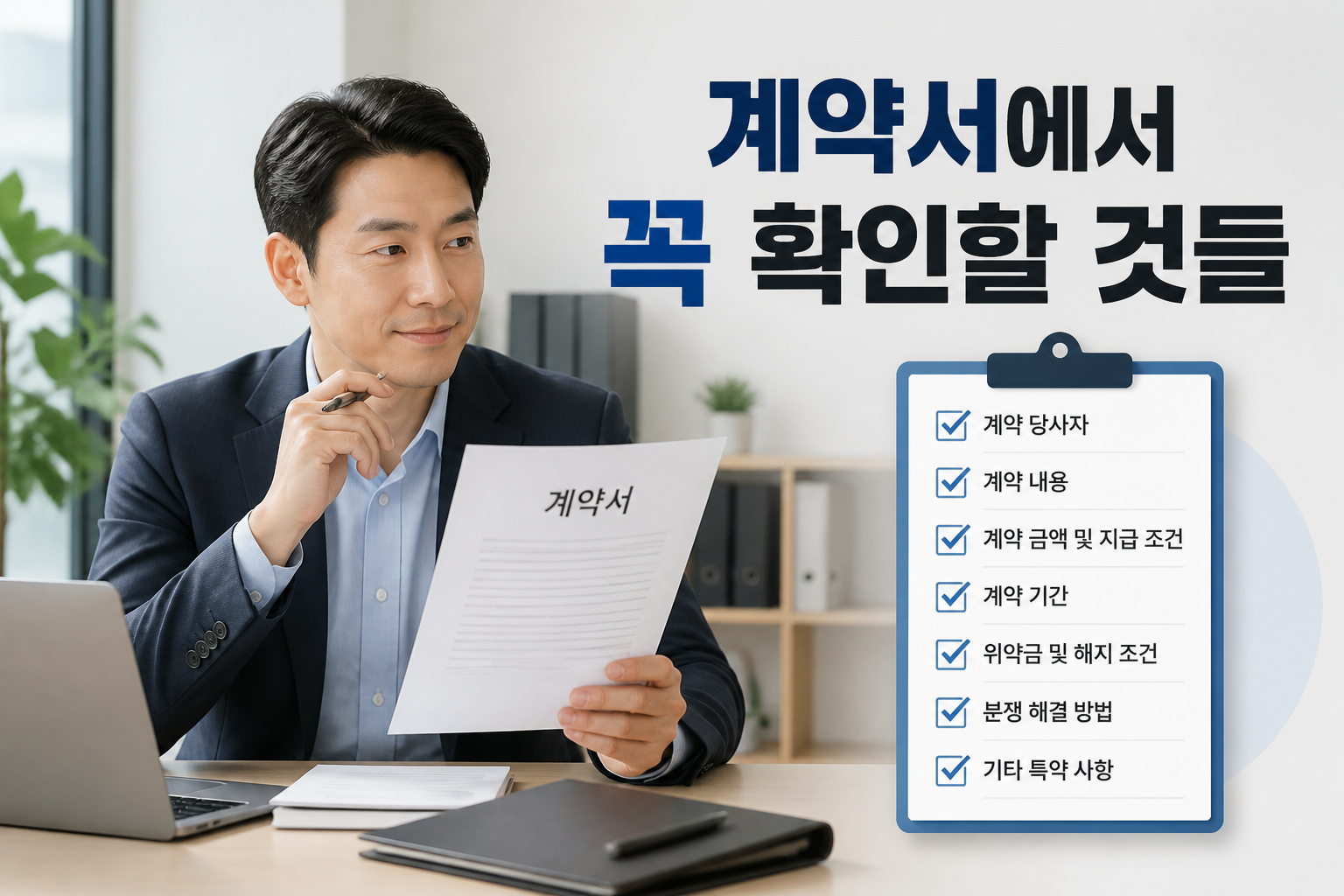 계약서를 들고 체크리스트를 확인하는 중소기업 대표 이미지