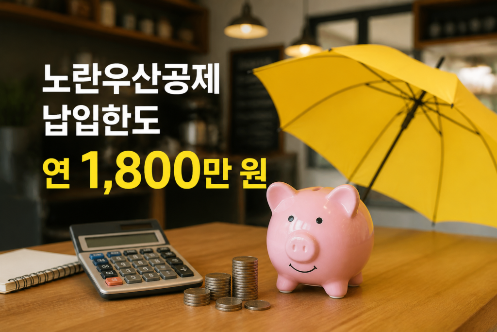 계산기와 노란우산, 돼지저금통이 놓인 책상과 '노란우산공제 납입한도 연 1,800만 원' 문구
