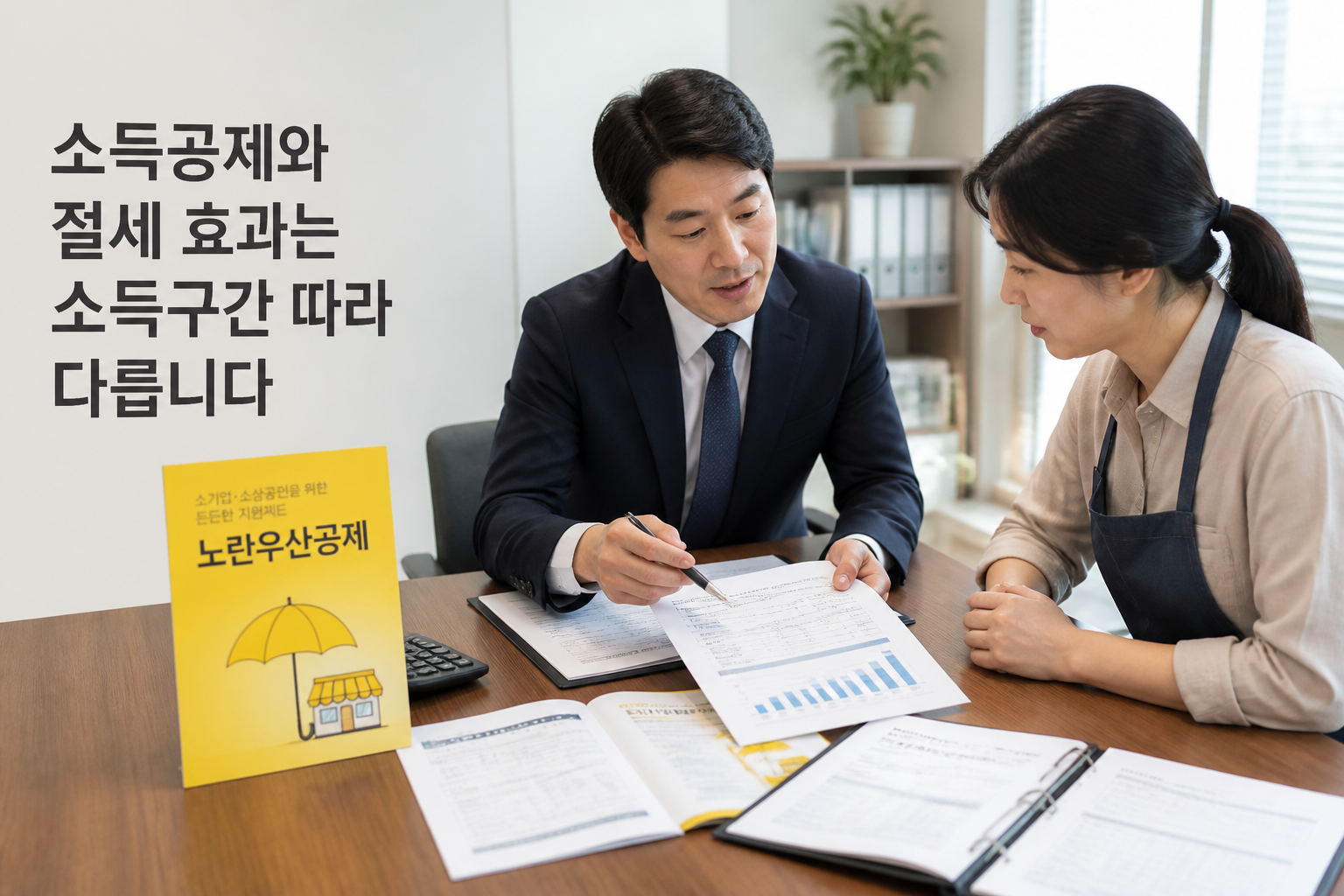 세무사와 소상공인이 서류를 검토하는 모습과 '소득공제와 절세 효과는 소득구간 따라 다릅니다' 문구
