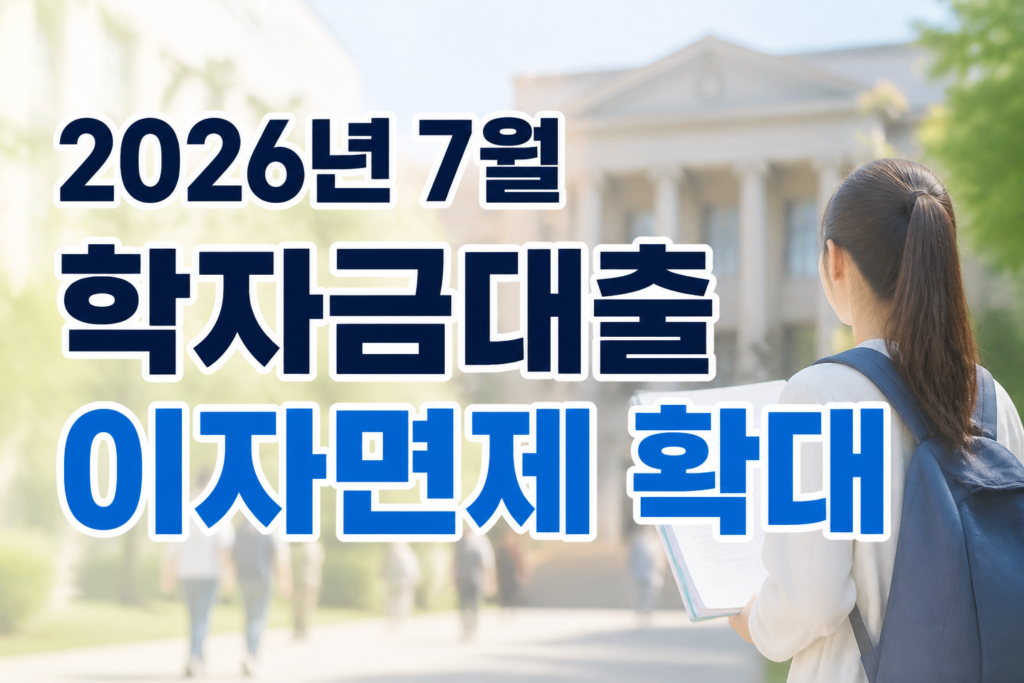 2026년 7월 학자금대출 이자면제 확대 문구와 캠퍼스 배경의 대표 이미지