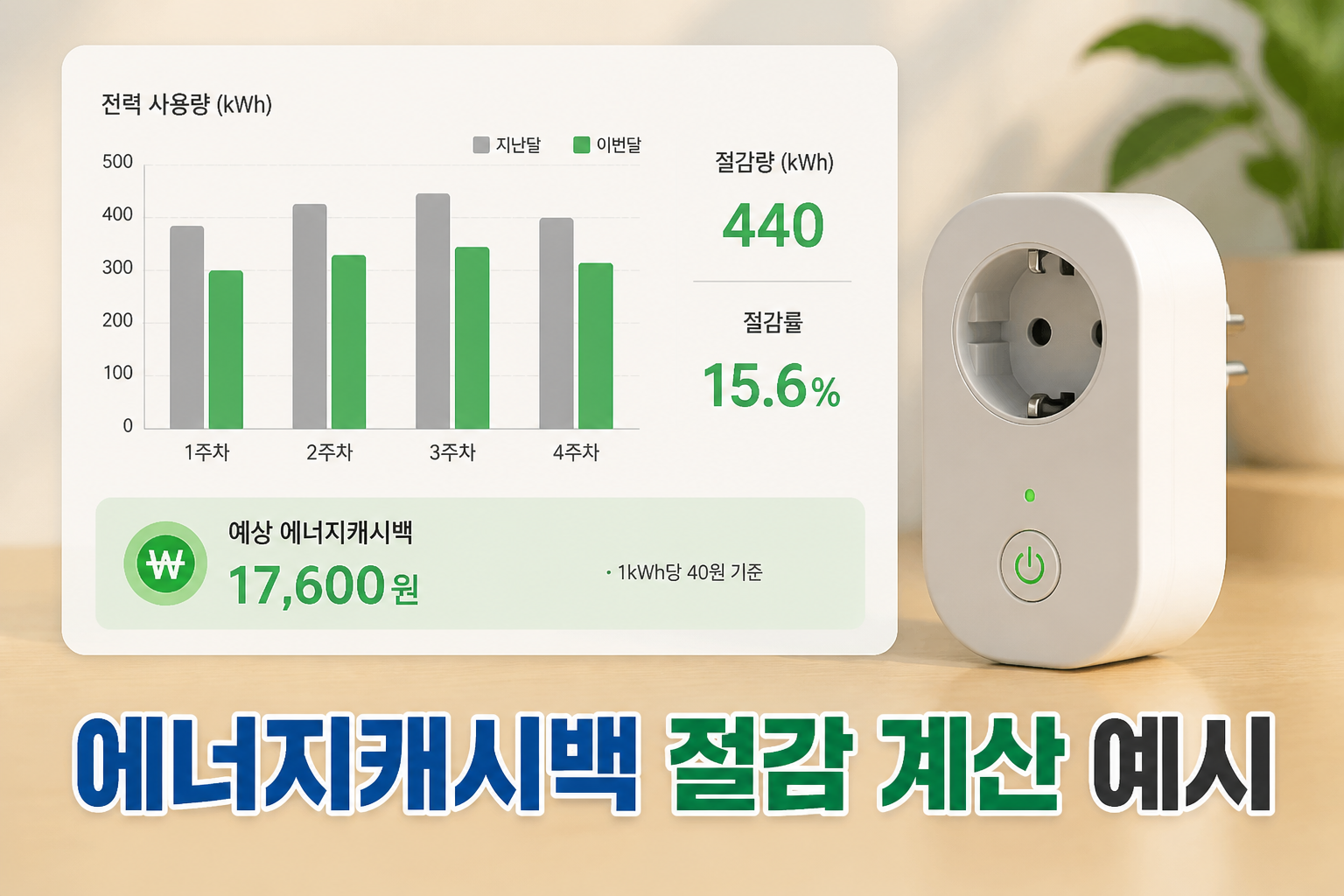 그래프와 스마트플러그로 절감 계산을 보여주는 에너지캐시백 절감 계산 예시 이미지