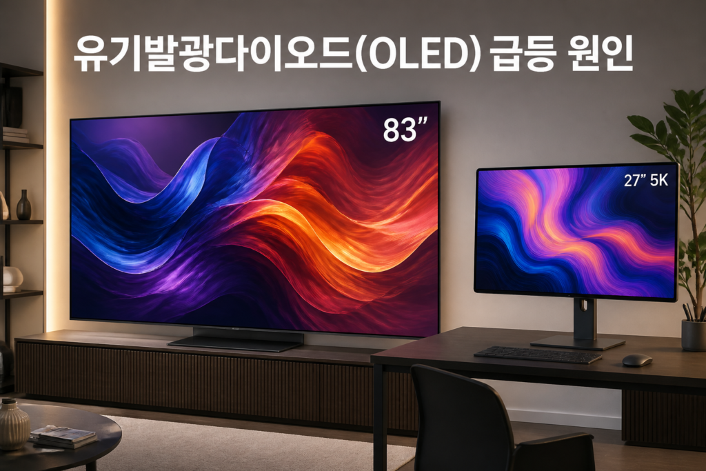 거실의 83인치 탠덤 OLED TV와 27인치 5K 모니터를 나란히 보여주는 사진