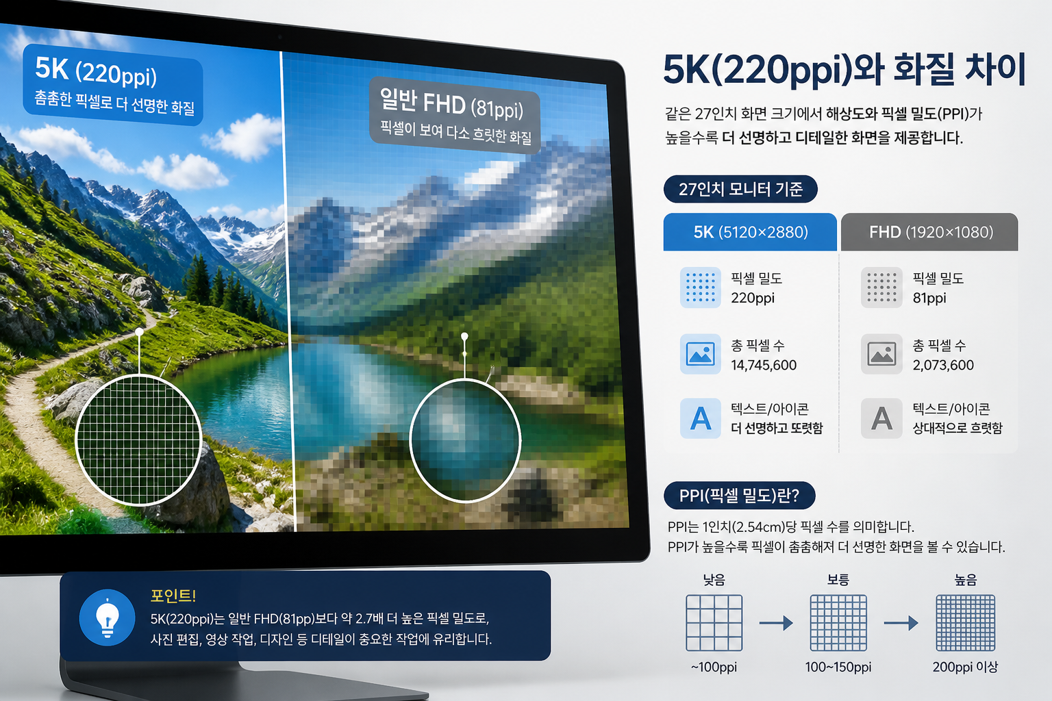 27인치 5K 모니터의 픽셀 밀도를 설명하는 인포그래픽 이미지