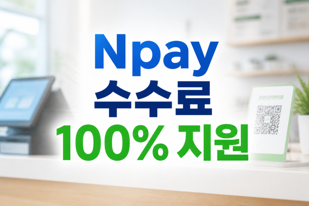 Npay 수수료 100% 지원을 알리는 이미지, 가게 계산대와 QR코드 배경에 큰 한글 문구