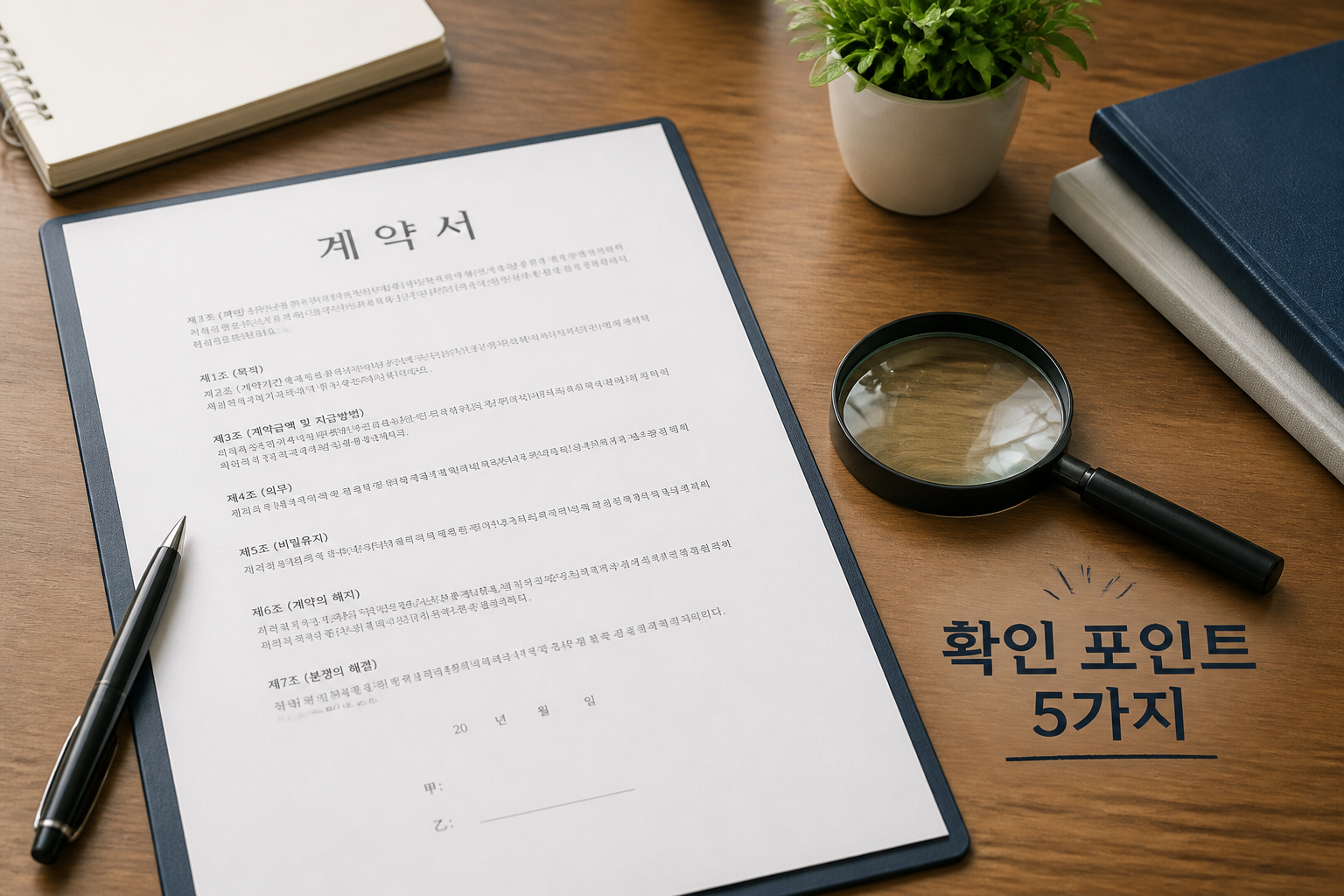 계약서와 돋보기 이미지와 '확인 포인트 5가지' 문구