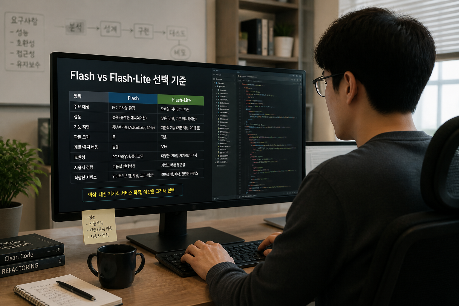 개발자가 모니터를 보며 모델 선택을 고민하는 장면