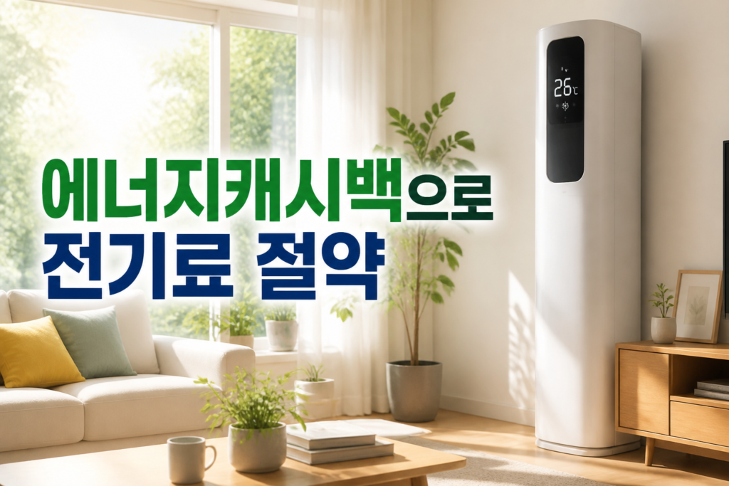 거실에서 에어컨 온도가 보이는 모습과 '에너지캐시백으로 전기료 절약' 문구