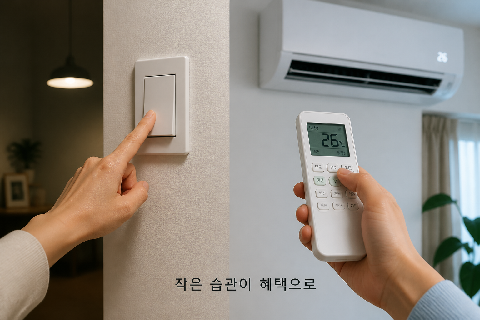 전등을 끄고 에어컨 설정을 조정하는 손과 '작은 습관이 혜택으로' 문구