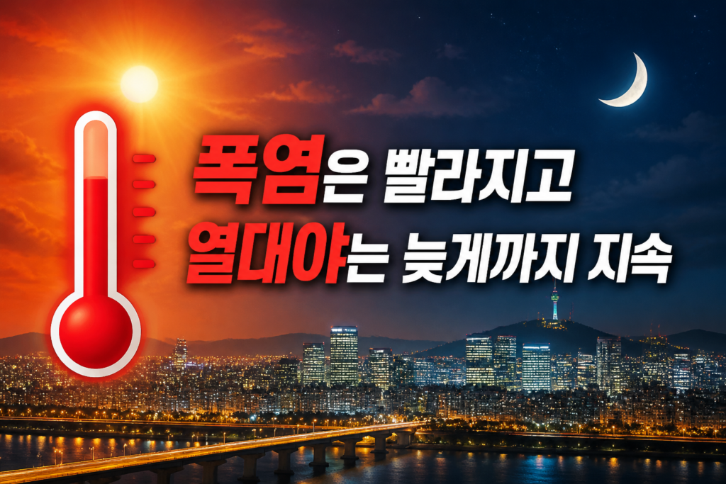 도시 야경 위 온도계와 텍스트 폭염은 빨라지고 열대야는 늦게까지 지속