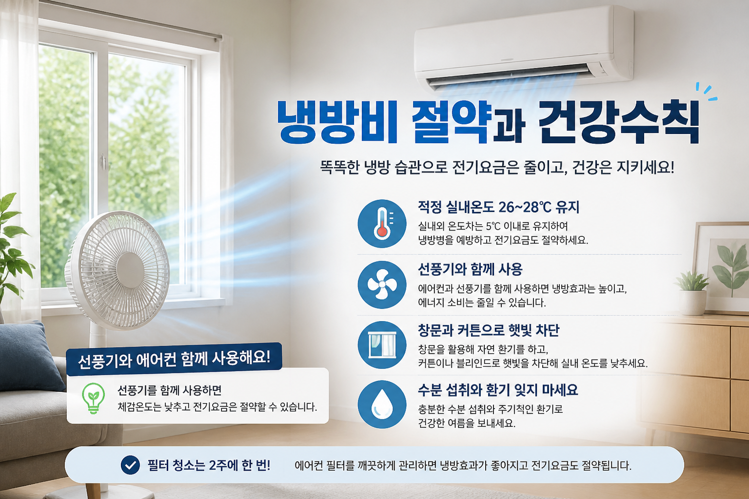 창문 앞 선풍기와 에어컨, 냉방비 절약과 건강수칙 안내 이미지