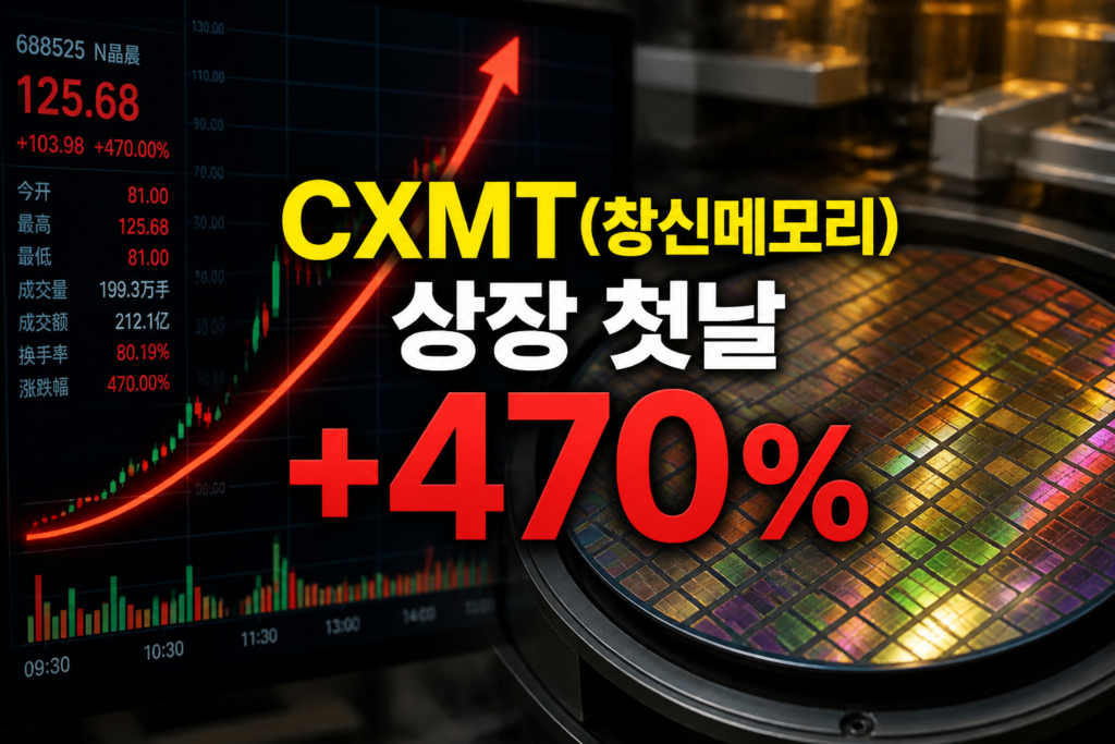 CXMT 상장 첫날 급등을 상징하는 주식 차트와 반도체 웨이퍼 이미지