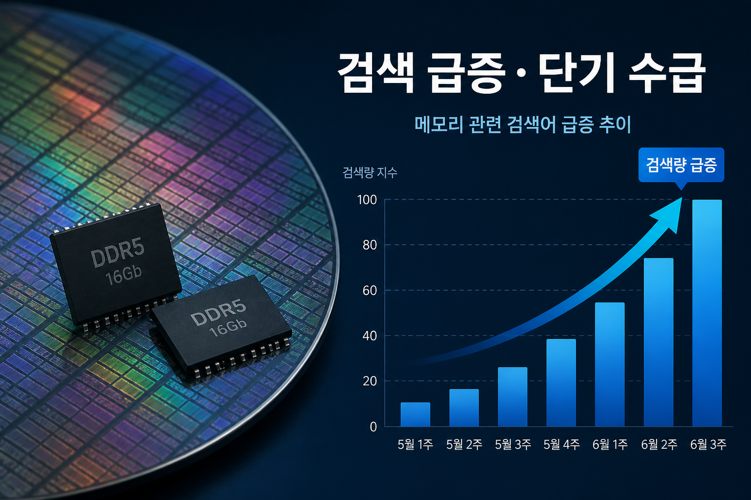 검색 급증과 단기 수급을 보여주는 메모리 칩과 그래프 이미지