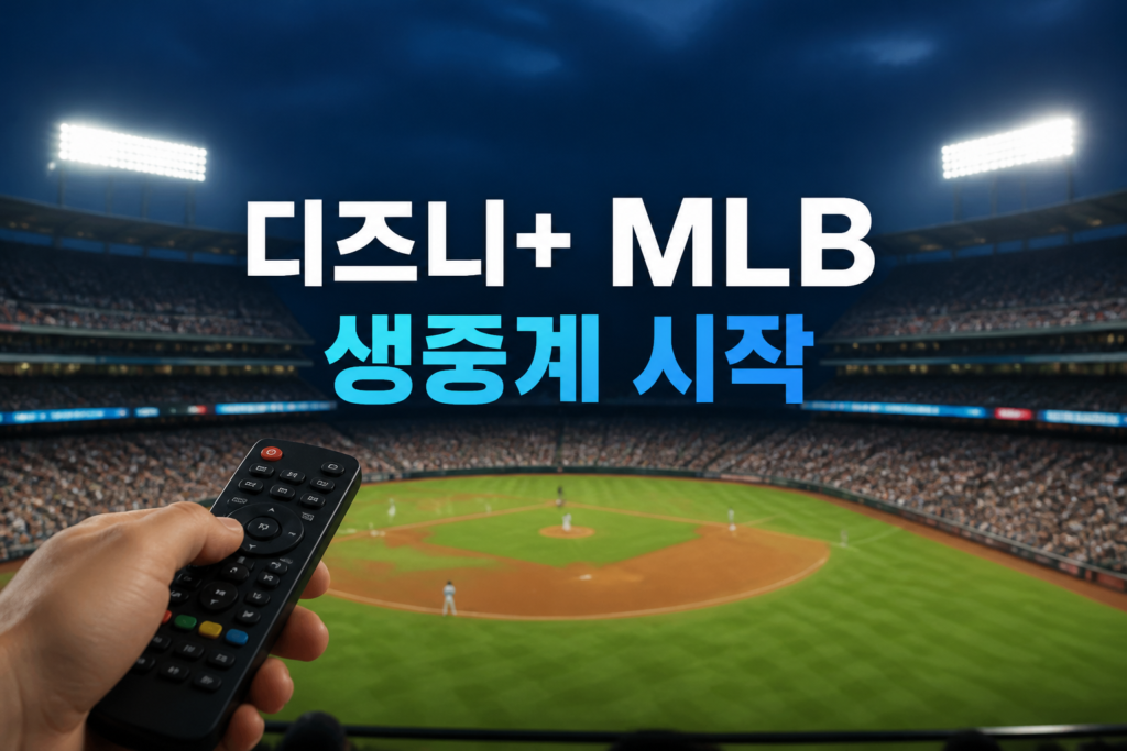 디즈니플러스 MLB 생중계 시작을 알리는 이미지, 리모컨과 야구장 전경