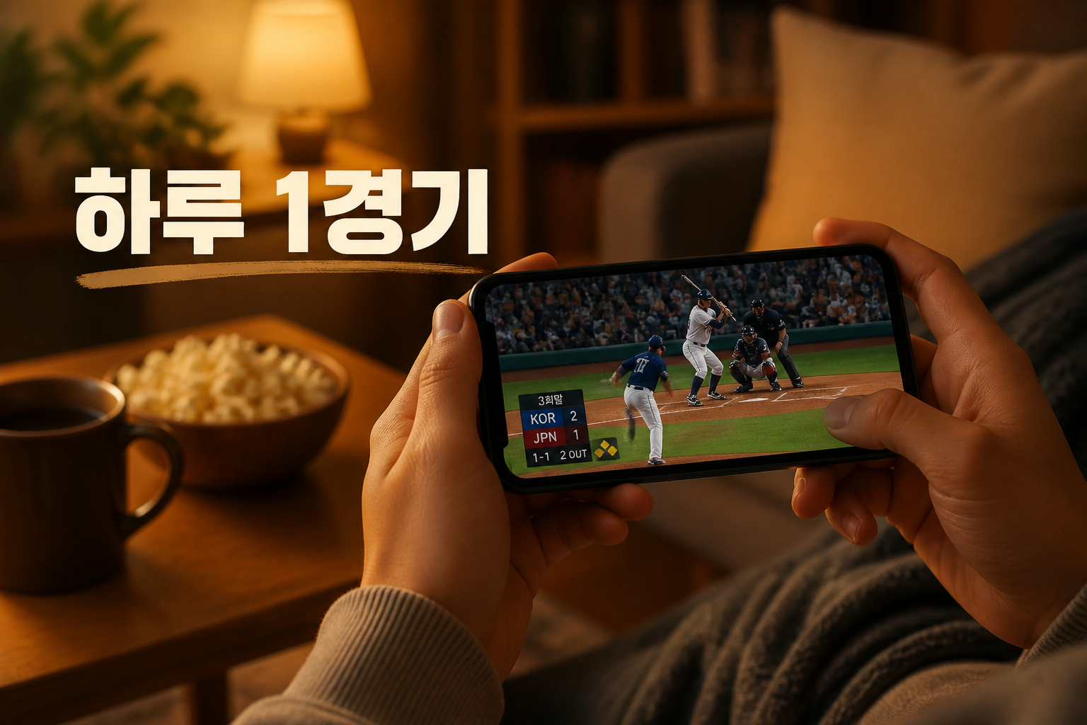 하루 1경기 중계를 보여주는 스마트폰 시청 장면 이미지