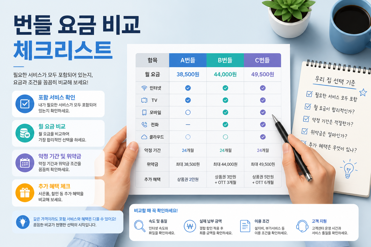 번들 요금 비교와 체크리스트를 표현한 정보형 이미지