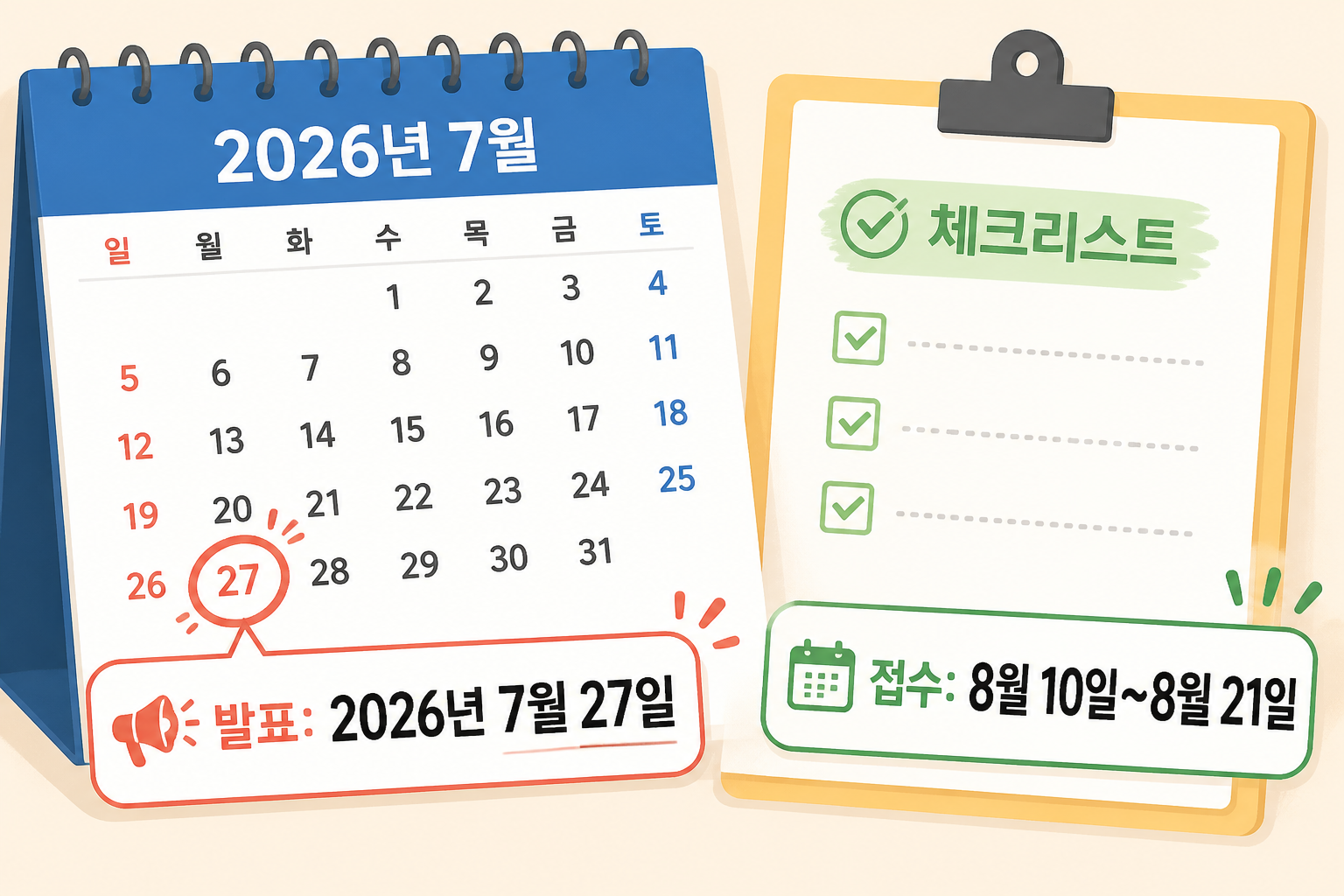 일정 캘린더: 발표 2026년 7월 27일, 접수 8월 10~21일