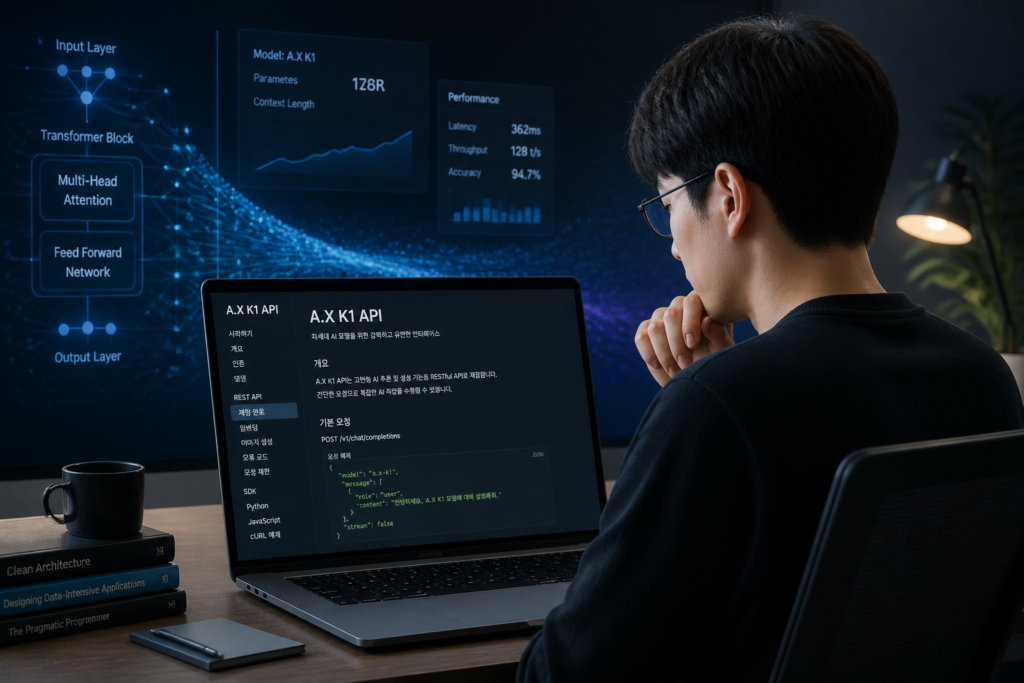 노트북 앞에서 A.X K1 API 문서를 확인하는 스타트업 개발자