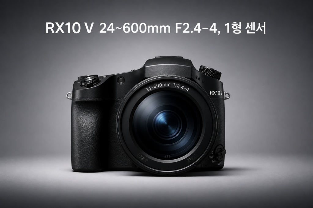 RX10 V 콘셉트 이미지와 'RX10 V 24~600mm F2.4–4, 1형 센서' 한국어 텍스트