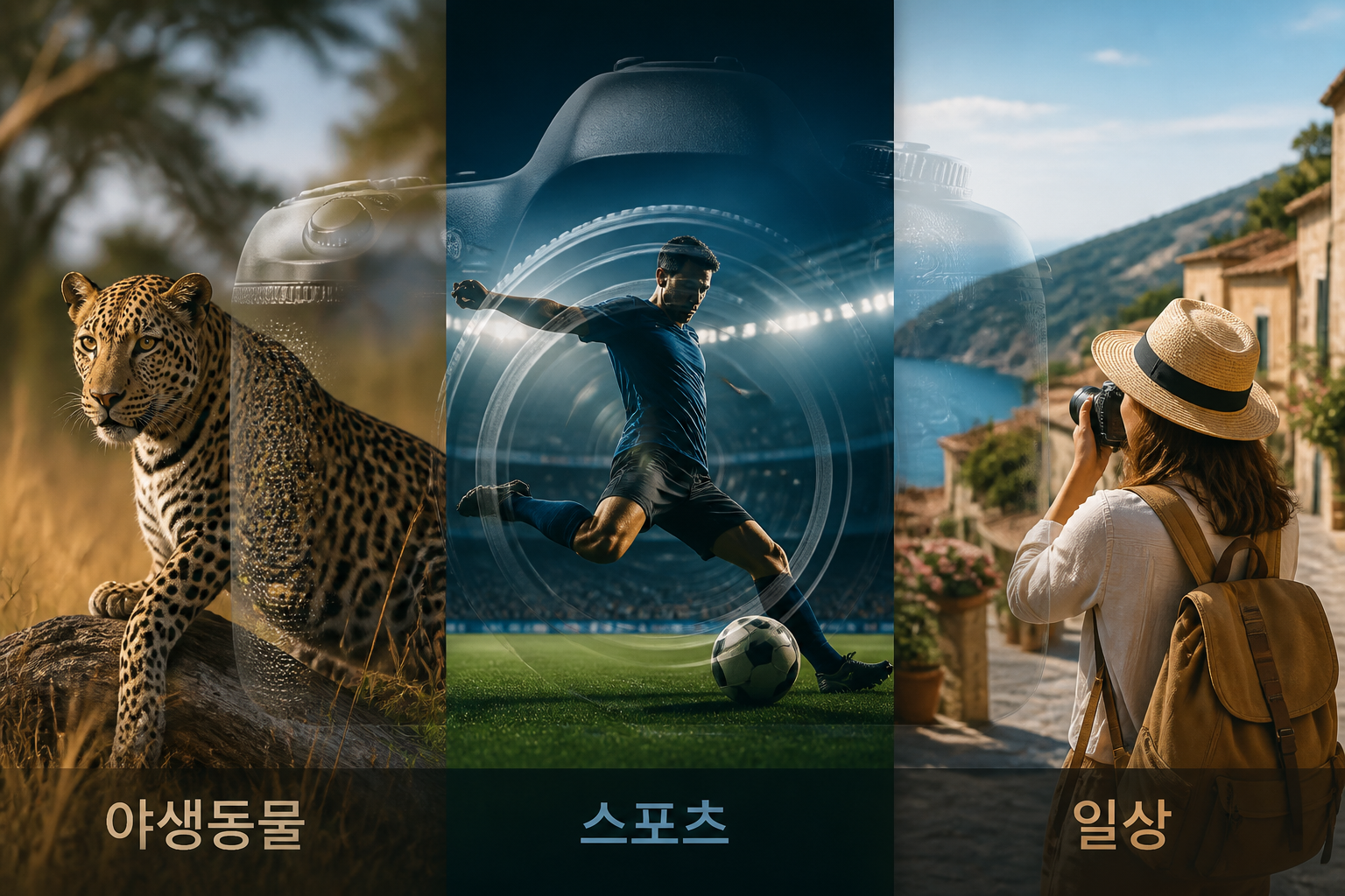 야생동물·스포츠·여행 일상 장면 콜라주와 각 장면의 한국어 캡션