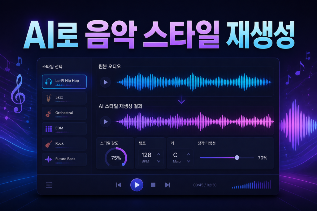 AI로 음악 스타일 재생성 화면을 보여주는 일러스트