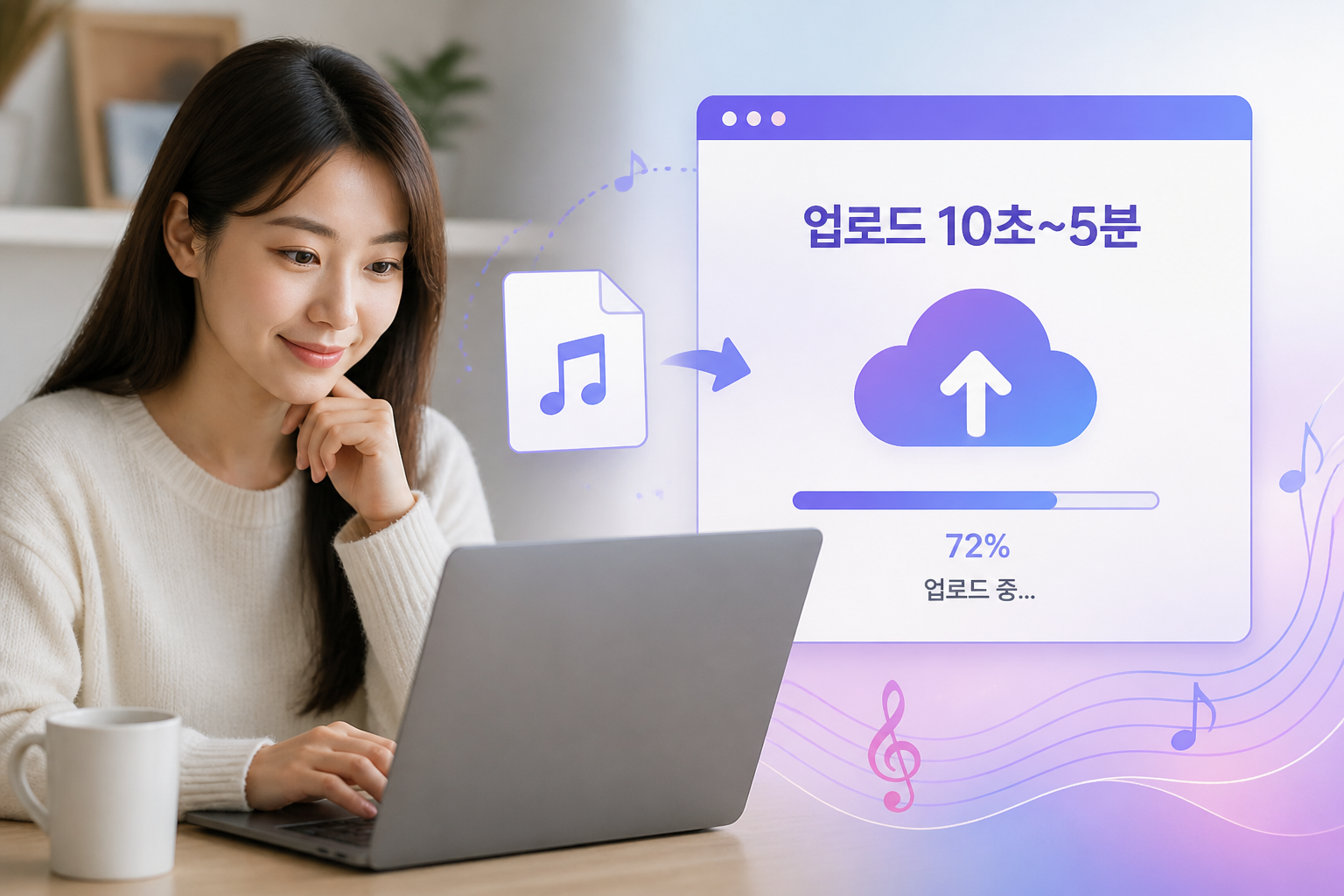 업로드 10초~5분 문구와 업로드 장면을 표현한 이미지