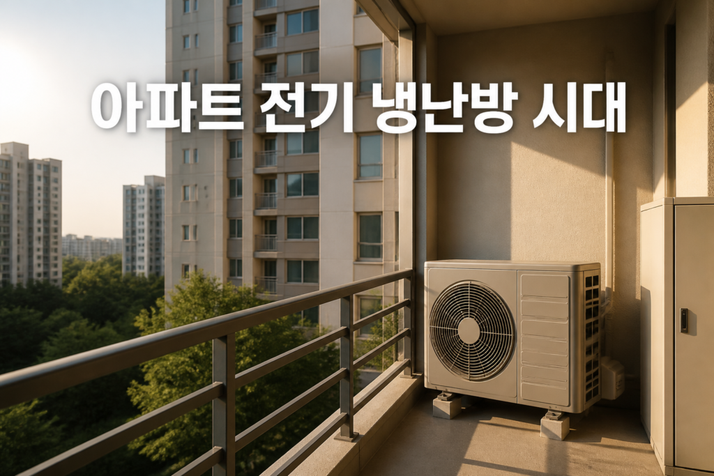 아파트와 히트펌프 장비 배경에 '아파트 전기 냉난방 시대' 문구