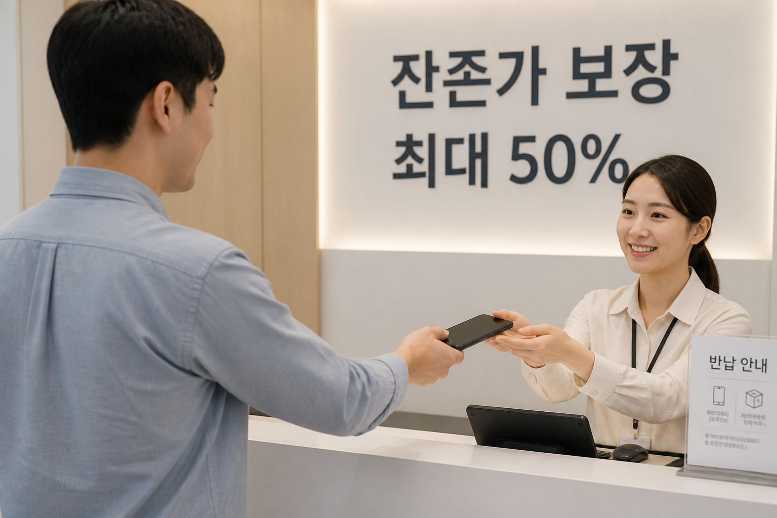 기기를 반납하는 장면과 '잔존가 보장 최대 50%' 텍스트가 있는 이미지
