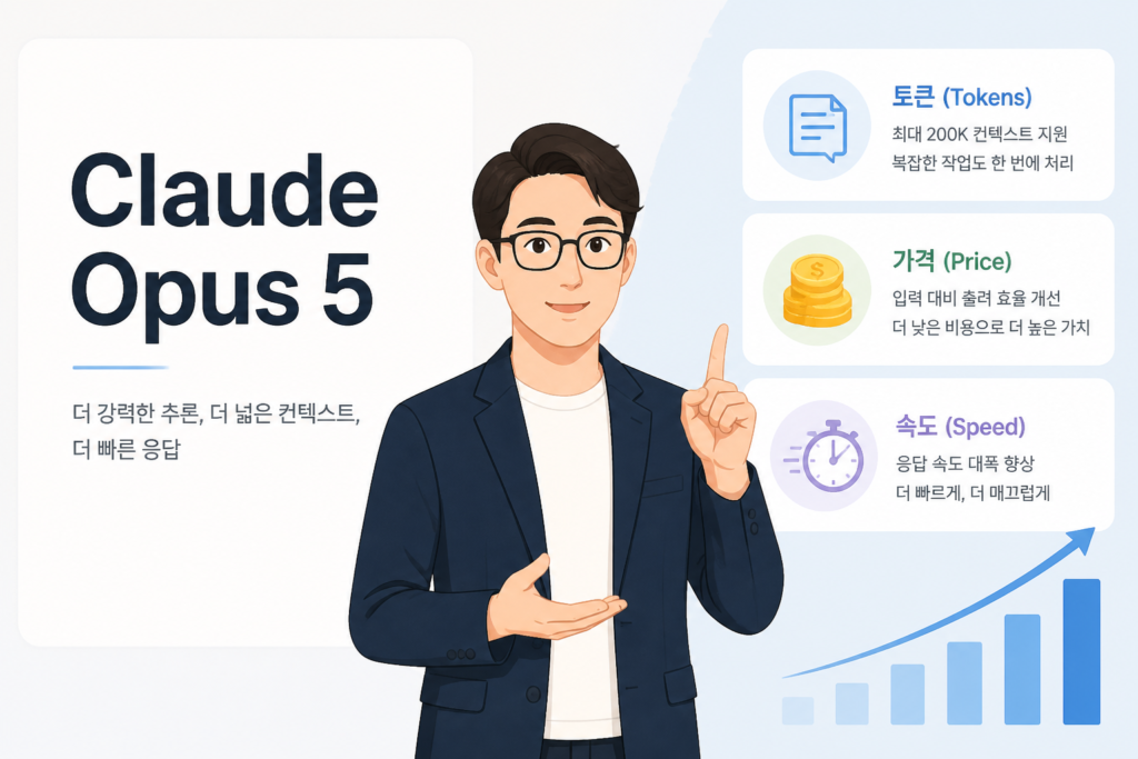 Claude Opus 5 소개 이미지: 토큰·가격·속도를 상징하는 아이콘과 텍스트
