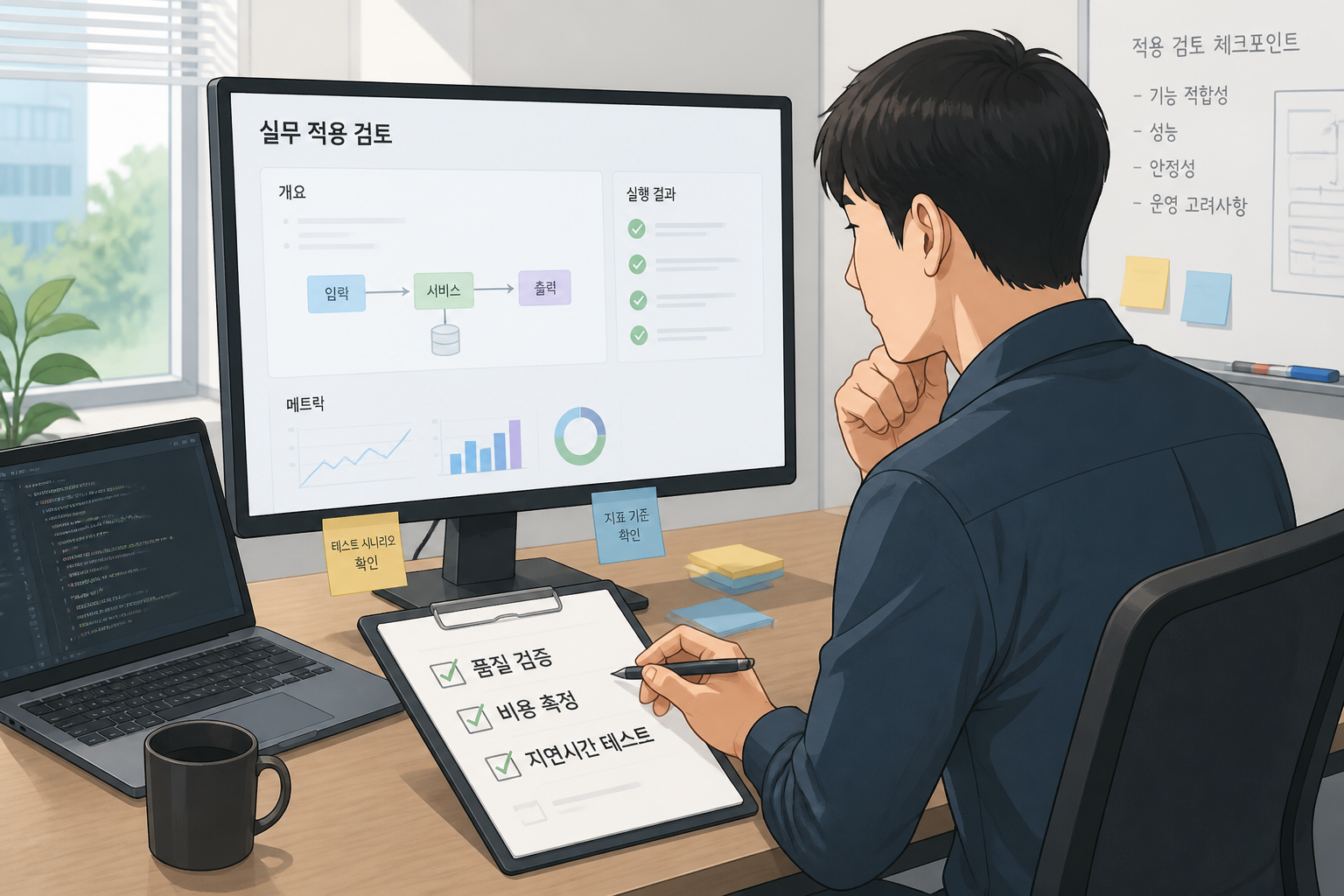 실무 검토 장면: 체크리스트로 품질·비용·지연시간 점검하는 모습